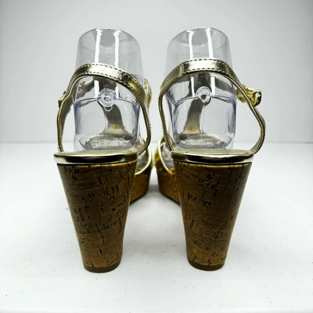 Liz Claiborne Kattie Metallic Gold Platform Cork Wedge Sandals Gold Medallion 9M